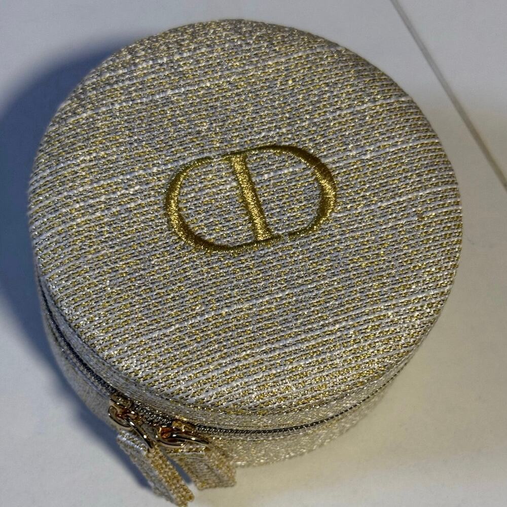 Dior Gold Glitter Designer Travel Jewelry Round Case Pouch w Black Mirror - NEW